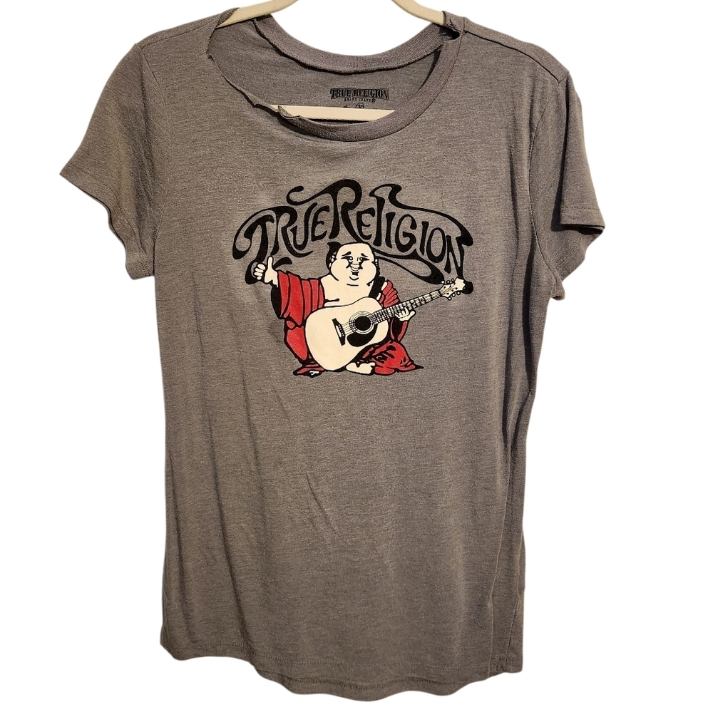 True Religion | Women's Gray Distressed Novelty Buddha Crewneck Tee (Size Large)
